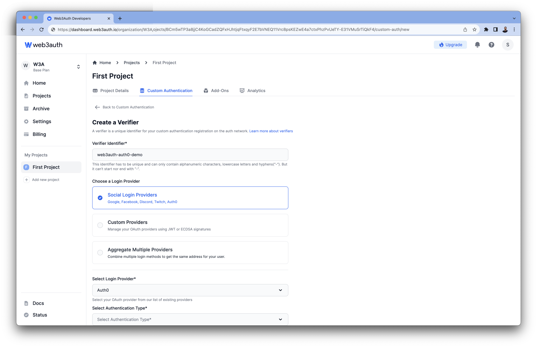 Spotify - Login Providers list on Web3Auth Dashboard